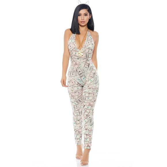 Sleeveless Money Print Jumpsuit with Halter Neck - Picture 5 of 7